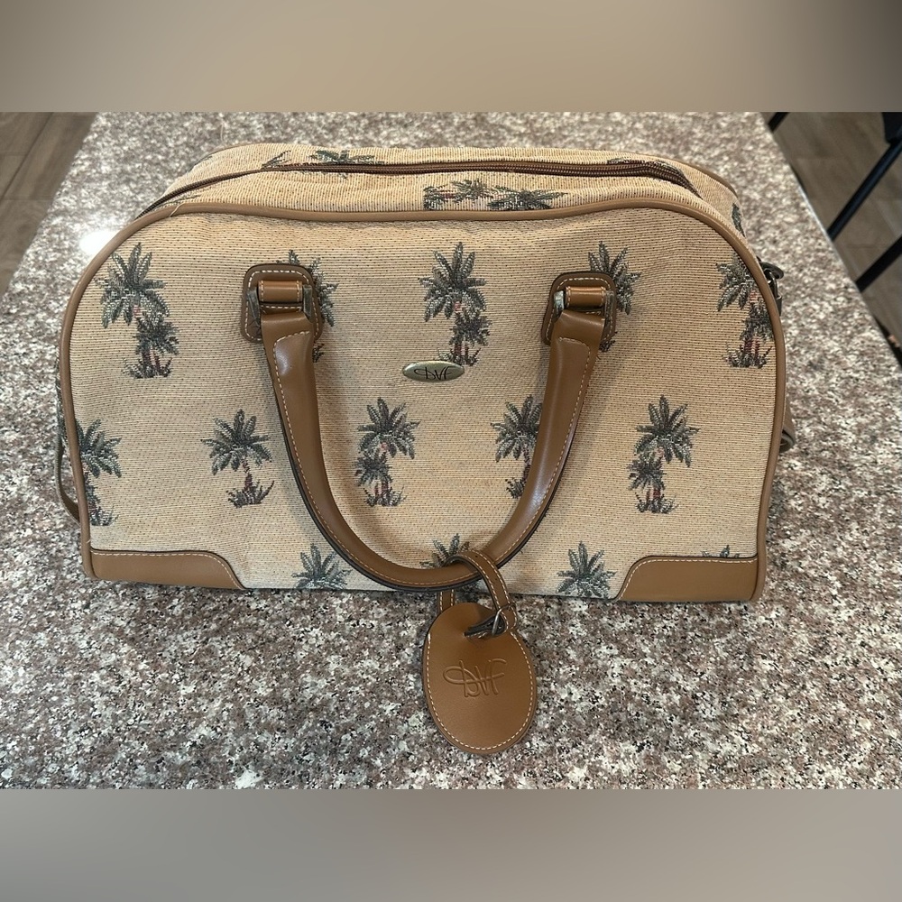 Diane Von Furstenberg Beige Palm-Print Duffel with Brown Trim